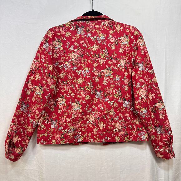 Retro Buttoned Red Floral Long Sleeve Jacket Blazer Medium Printed Boho Cottage - Picture 10 of 12